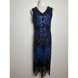 Womens Sequin Beaded Flapper Dress Small Fringe Gatsby Party Costume 20s Style